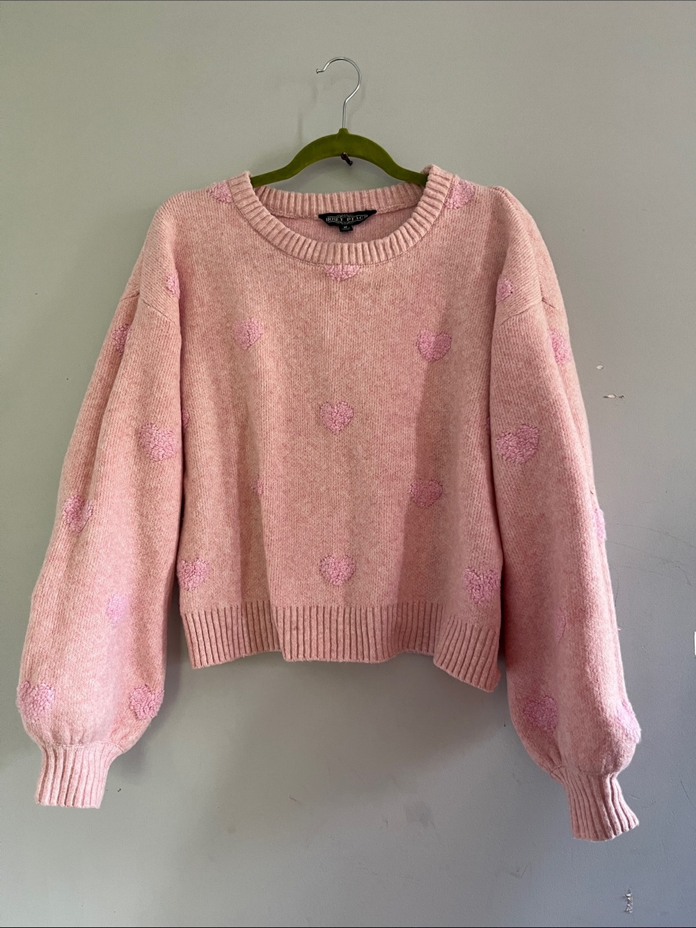 Heart-Textured Pink Crewneck Sweater